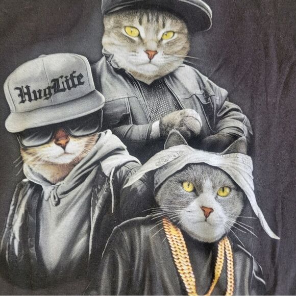 ODM Men T-Shirt Larg Black Cat Trio Hug Life Thug Gangster Graphic Crew Neck NWT - Picture 3 of 15